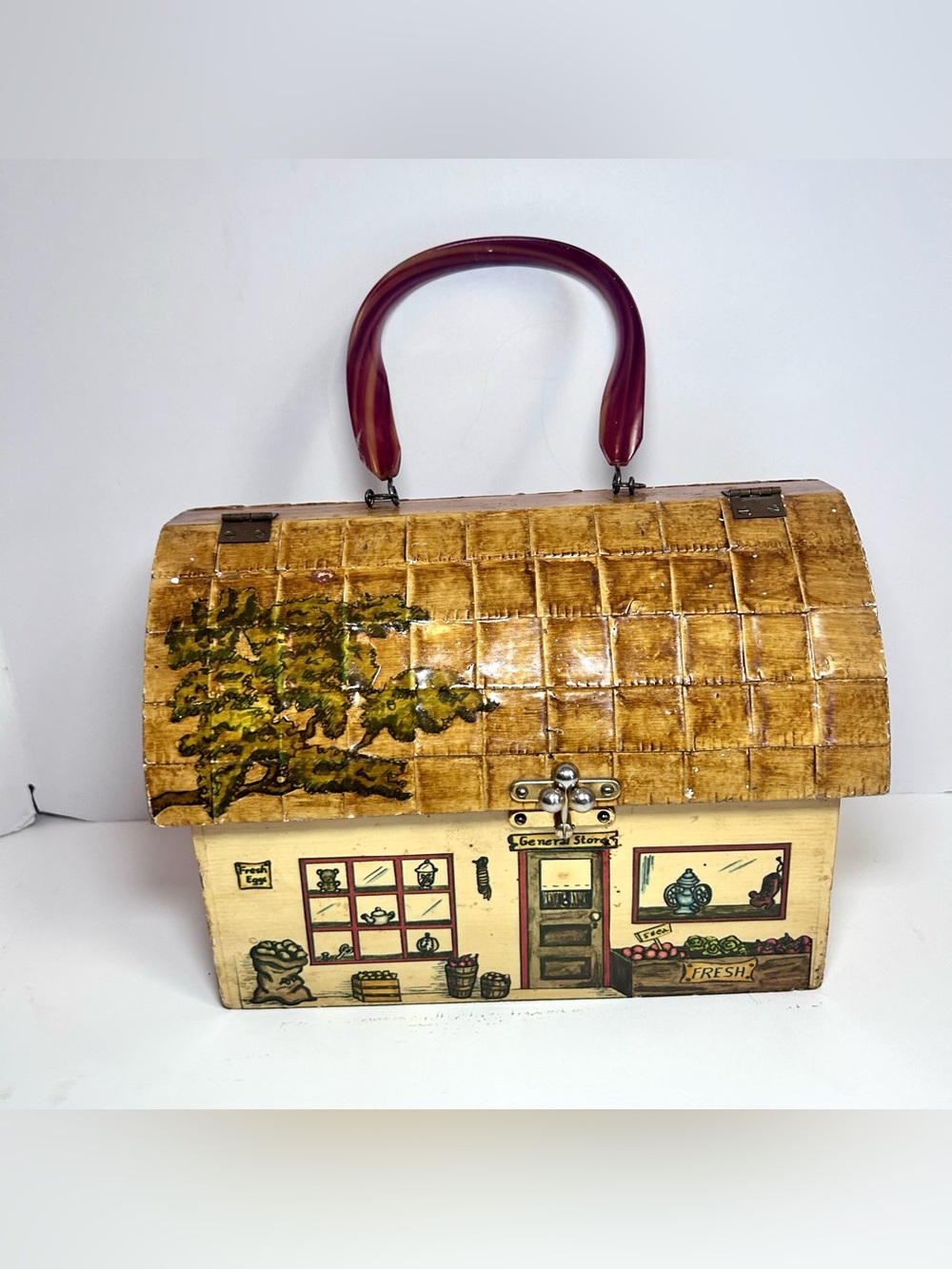 1970’s Decoupaged Wooden Purse General Store Lucite Handle